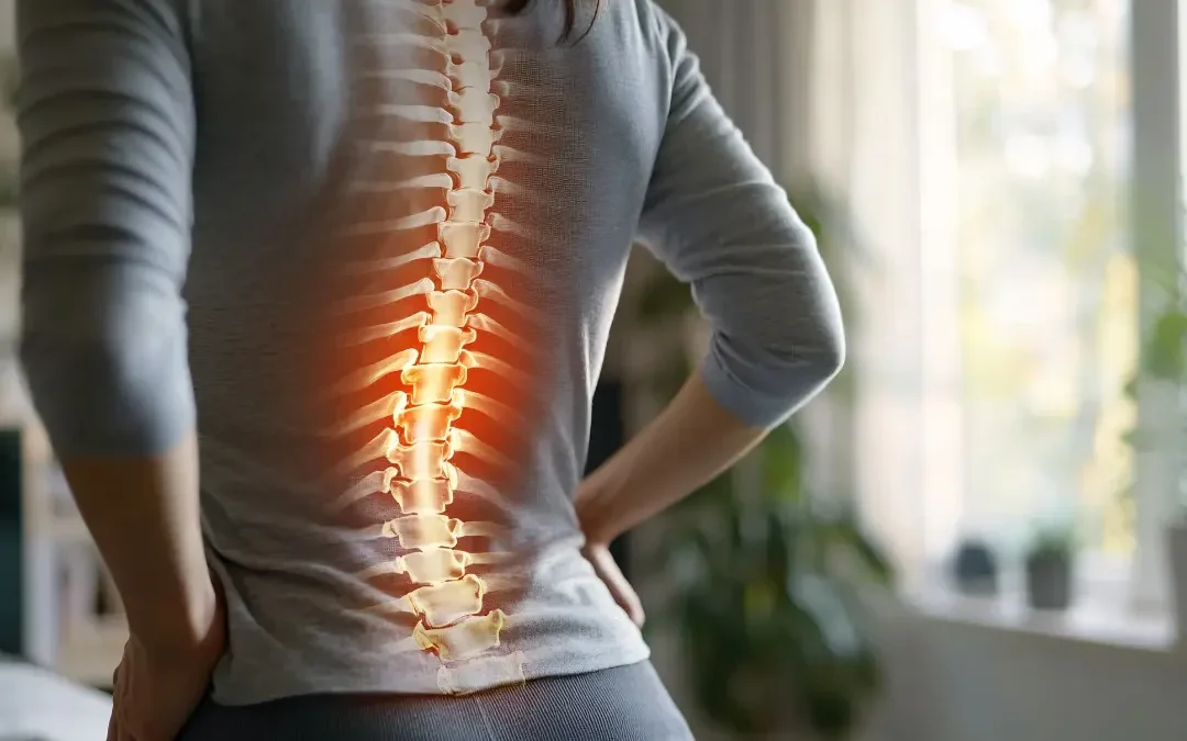 Nainen pitelee kipeää selkäänsä, ja anatominen kuva korostaa selkärangan aluetta, johon kipu usein iskee.